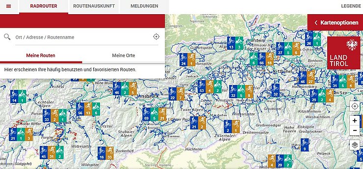 © Land Tirol Screenshot einer Karte von Tirol mit eingezeichneten Radwegen