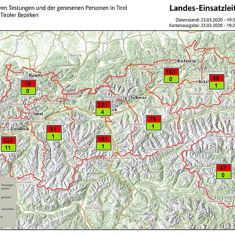 Die positiven Fälle und die Genesenen nach Bezirken geordnet.