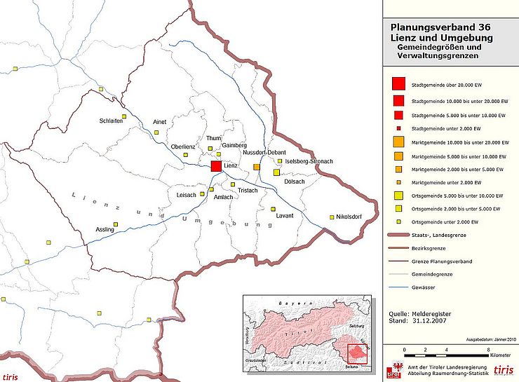Karte Gemeindegrössen Lienz und Umgebung