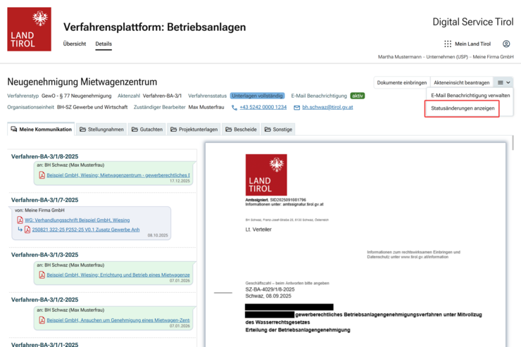 © Land Tirol Verfahrensdetailansicht mit Hervorhebung der Aktion "Statusänderungen anzeigen" im Aktionsmenü.