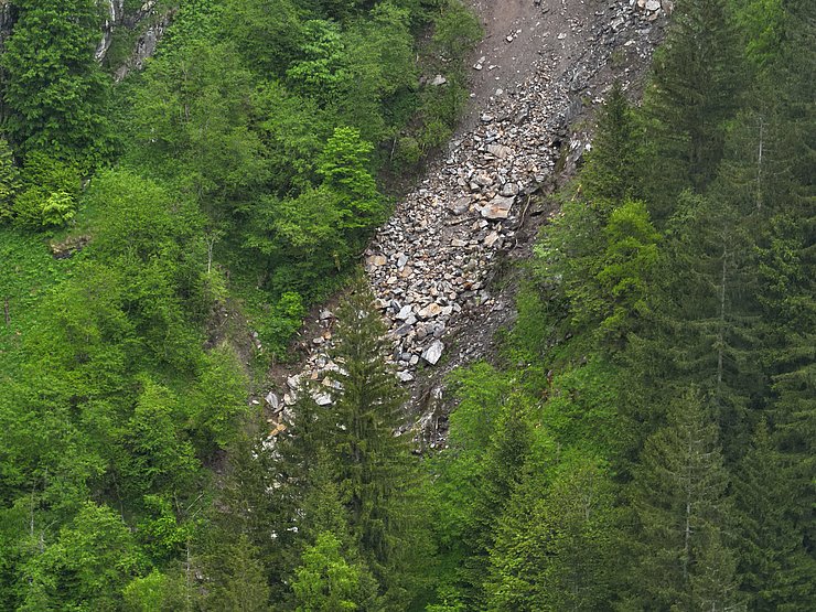 © Land Tirol/Drohnen-Einsatz-Gruppe Felssturzmaterial, das in einem bewaldeten Hang zum Erliegen gekommen ist.