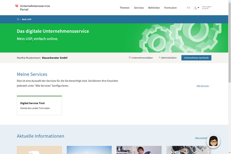 Ansicht der Seite "Meine Services" im Unternehmensservice Portal