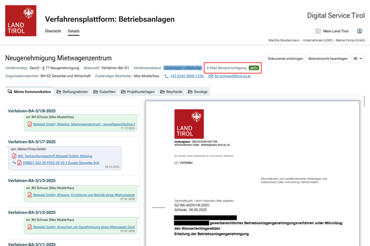 © Land Tirol Verfahrensdetailansicht mit Hervorhebung des aktiven E-Mail Benachrichtigung Status.