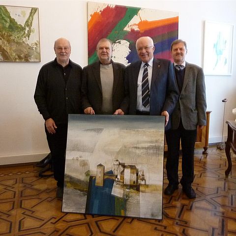 LTP Herwig van Staa mit dem Künstler Alwin Chemelli, Vereinspräsident Hermann Klapeer und Landesgedächtnisstiftung-Geschäftsführer Peter Koller