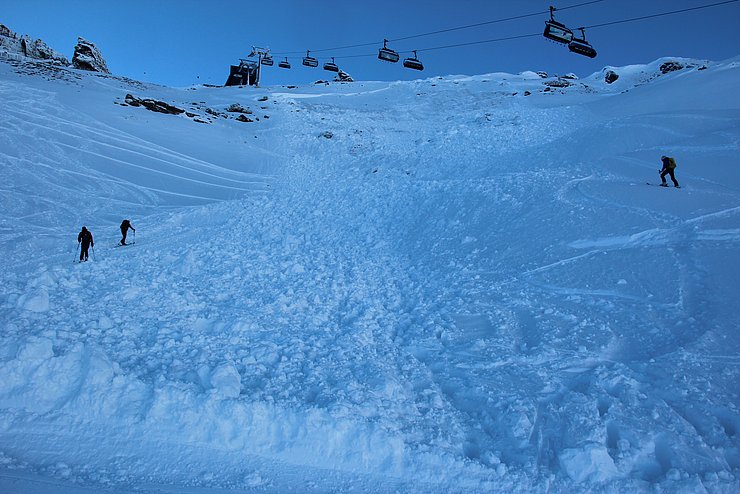 Symbolfoto: Lawinenabgang auf eine gesperrte Skipiste in der Dämmerung und TourengeherInnen beim Aufstieg.