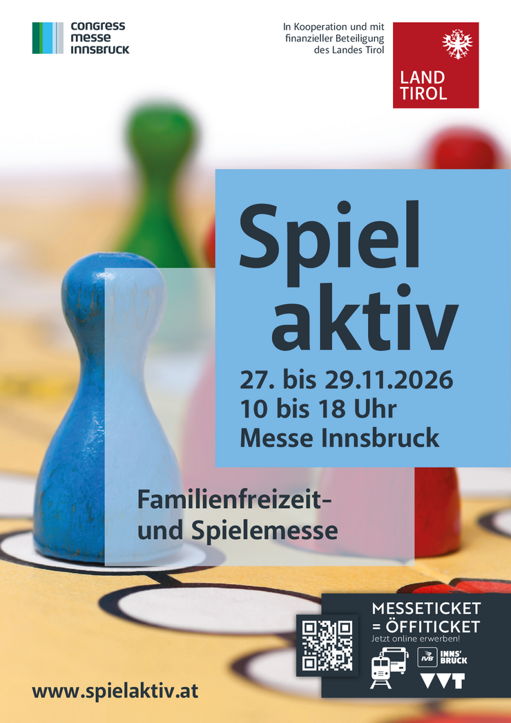 © Congress Messe Innsbruck Plaktat "Familienfreizeit- und Spielemesse 2026" mit bunten Kegeln im Hintergrund und dem Loge der Messe Innsbruck und des Landes Tirol