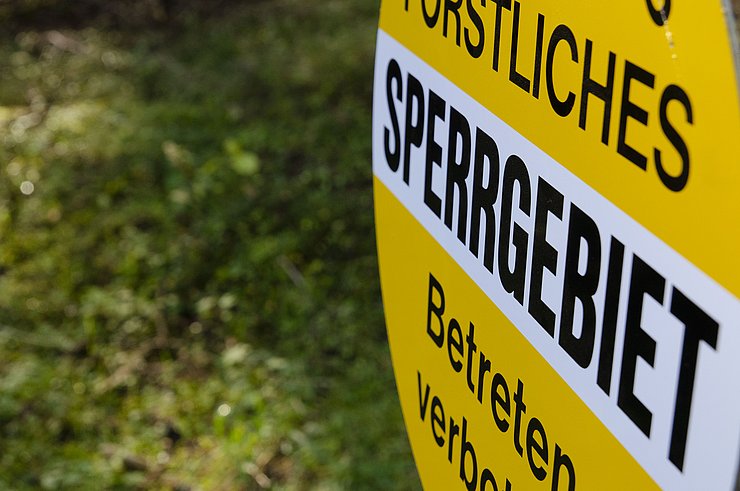 Nahaufnahme einer runden, gelben Tafel im Wald. Auf der Tafel weißer Streifen mit Aufschrift Sperrgebiet