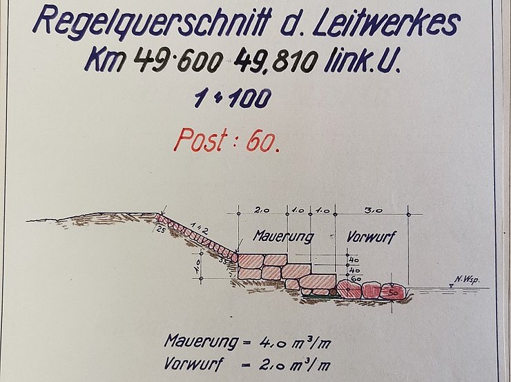 Die ersten Verbauungen des bestehenden Erddammes mit Bruchsteinen fanden im Jahr 1938 statt.