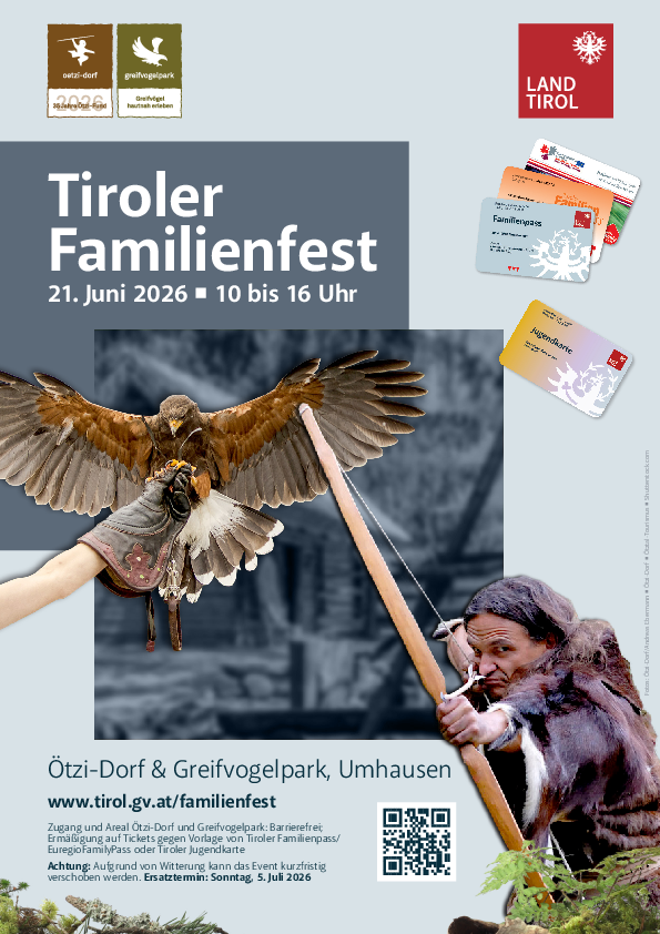 Urgeschichtlicher Bewohner mit Tierfell bekleidet und mit Pfeil und Bogen sowie ein Greifvogel auf einem Falknerhandschuh 