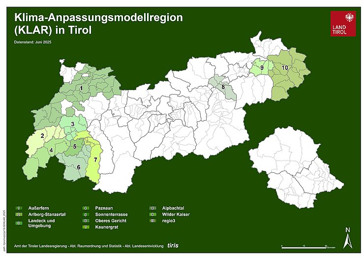 Karte der Klimawandel-Anpassungsmodellregionen (KLAR!) in Tirol