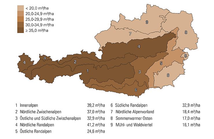 Die Totholzmenge des Ertragswaldes ist in Österreich im gesamten alpinen Raum (von Vorarlberg bis in die östlichen Ausläufer der nördlichen Randalpen bis zu den südlichen Randalpen) am höchsten. Im Alpenvorland und dem Mühl- und Waldviertel und im Osten sind die Totholzmengen geringer. 