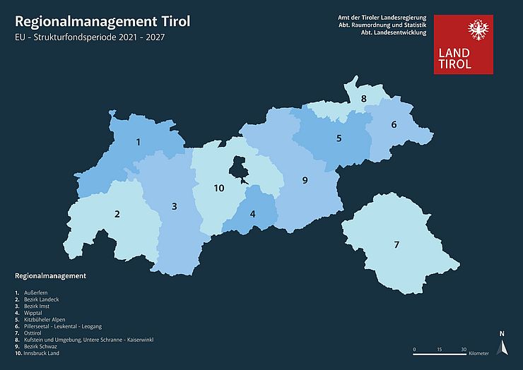 Karte, die die Regionalmanagements Tirol zeigt.