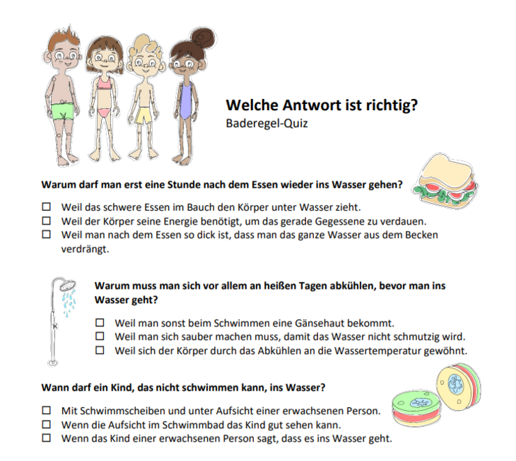 Ein Beispiel aus den neuen Unterrichtsmaterialien: 3 Quizfragen zu den 10 Baderegeln mit jeweils 4 Antworten