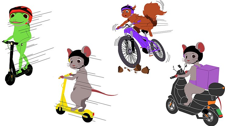 Illustrierte Tierfiguren auf E-Scooter und Fahrrad
