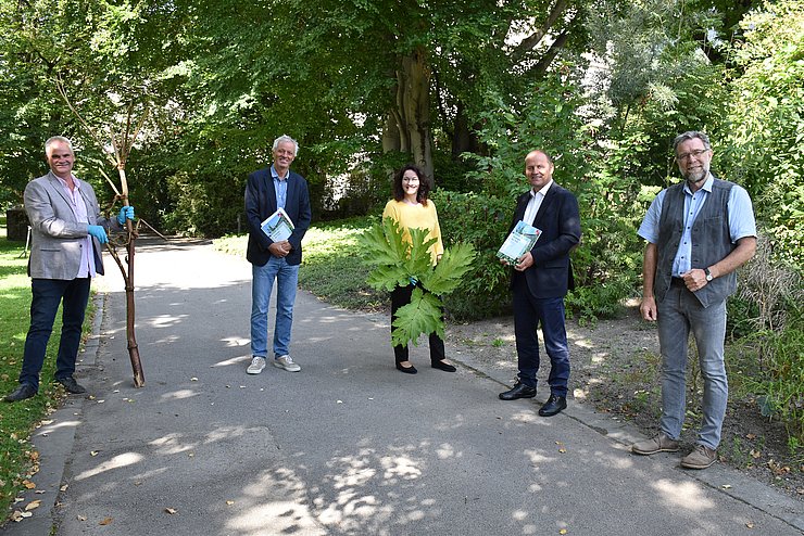 BU (von li.:) Konrad Pagitz (Leiter des Kompetenzzentrums Neophyten-Tirol), Paul Illmer (Dekan der Fakultät für Biologie der Universität Innsbruck), LHStvin Ingrid Felipe, LHStv Josef Geisler und Reinhard Lentner (Abt. Umweltschutz Land Tirol) stellten die Neophyten-Strategie des Landes Tirol vor. Der Riesen-Bärenklau (siehe Bild) zählt zu den als problematisch eingestuften Neophytenarten und kann schmerzhafte Hautreaktionen bis hin zu Atemnot auslösen.