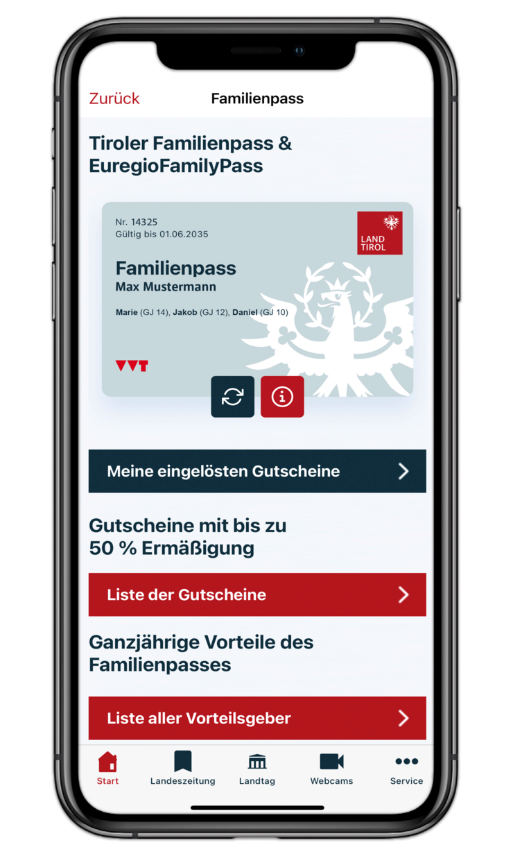 So sieht der Familienpass künftig am Handy aus. Ersichtlich sind die digitale Familienpass-Karte, die Liste der eingelösten Gutscheine sowie der ganzjährigen Angebote und Vergünstigungen als auch eine Liste der Vorteilsgeber.
