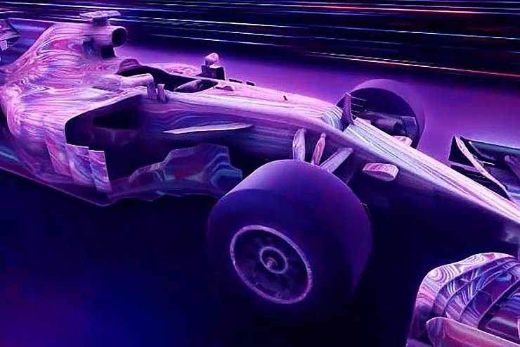 © MedienLB GmbH Ein Rennauto aus der Formel 1 ist in violetter Farbe eingefärbt. Im Hintergrund brausen Lichter vorbei.