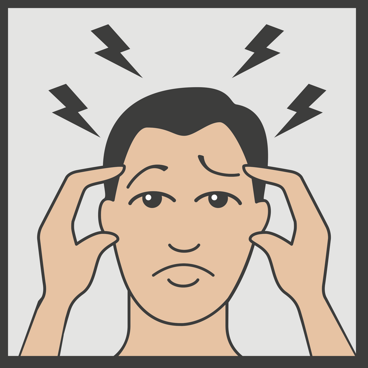 Zeichnung eines Mannes mit Blitzen über dem Kopf als Symbol für Kopfschmerzen