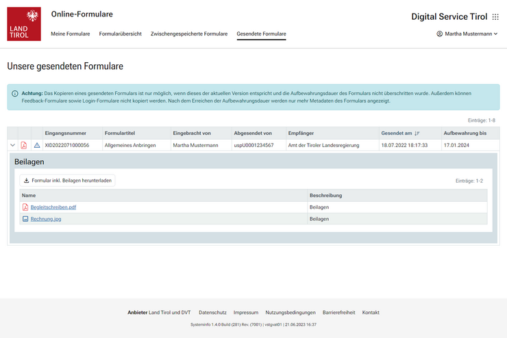 Ansicht der Seite "Gesendete Formulare"