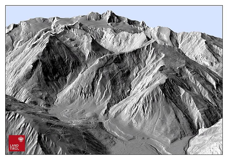 Das digitale Geländemodell zeigt die „nackten“ Geländeformen von Kals in Richtung Großglockner.  das Gelände ohne Bewuchs oder Bebauung dargestellt. 