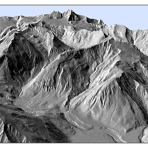 Das digitale Geländemodell zeigt die „nackten“ Geländeformen von Kals in Richtung Großglockner.  das Gelände ohne Bewuchs oder Bebauung dargestellt. 