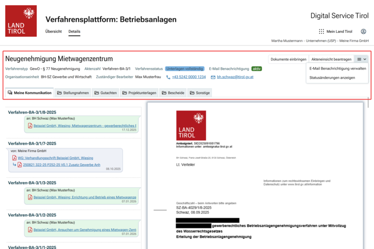 © Land Tirol Detailansicht eines Verfahrens mit Hervorhebung der Reiter für verschiedene zusätzliche Funktionen und Informationen.