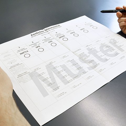 Stimmzettel auf Tisch; Hände mit Stift