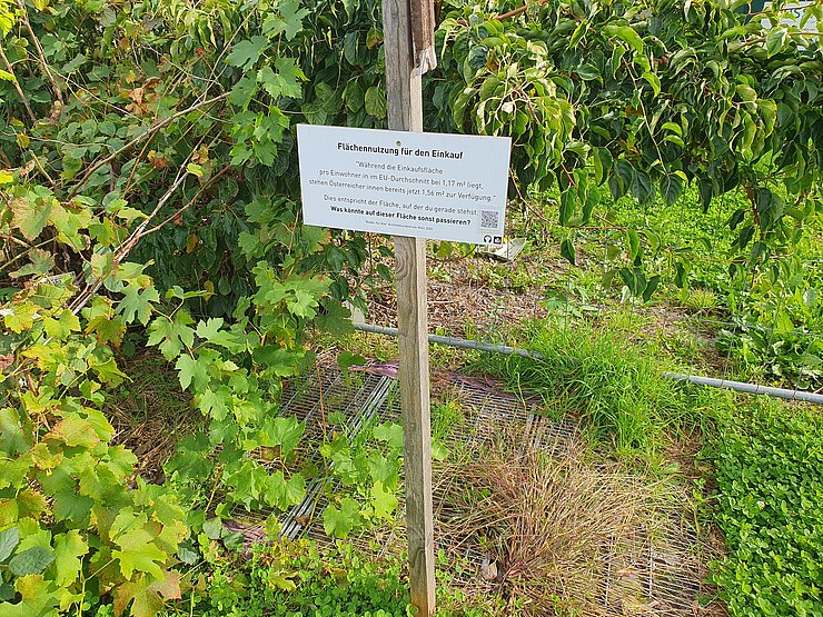 Ein Informationsschild ist an einem Holzpfosten befestigt und steht in einem bepflanzten Außenbereich. Auf dem Schild steht: Flächennutzung für den Einkauf. Während die Einkaufsfläche pro Einwohner:in im EU-Durchschnitt bei 1,17 m2 liegt, stehen Österreicher:innen bereits jetzt 1,56 m2 zur Verfügung. Dies entspricht der Fläche, auf der du gerade stehst. Was könnte auf dieser Fläche sonst passieren?