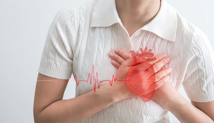 Heart,Failure.,Young,Woman,Pressing,On,Chest,With,Painful,Expression.