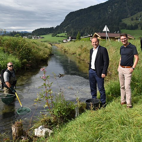 LHStv Josef Geisler sowie Vorstand Markus Federspiel und Gewässerökologe Andreas Murrer von der Abteilung Wasserwirtschaft wollen das Auftreten einer Nierenkrankheit PKD bei Fischen und den Rückgang der Bachforelle tirolweit untersuchen. Aus der Großache und ihren Zubringerbächen wurden vergangenen Sommer 210 Bach- und Regenforellen gefischt. Bei knapp einem Viertel wurde die parasitäre Nierenerkrankung nachgewiesen. 