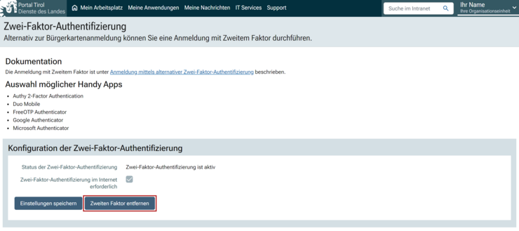 Screenshot der Konfigurationsseite der Zwei-Faktor-Authentifizierung im Portal Tirol mit der Möglichkeit den zweiten Faktor zu entfernen