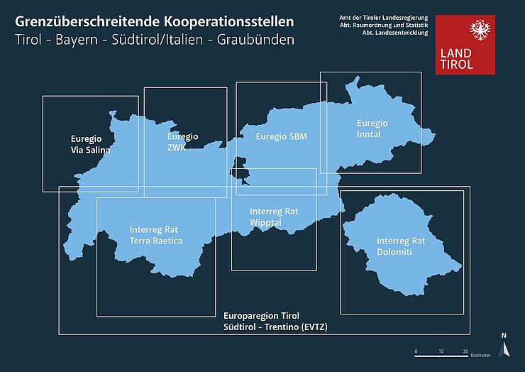 Karte, die grenzüberschreitende Kooperationsstellen in Tirol, Bayern, Südtirol/Italien und Graubünden zeigt.