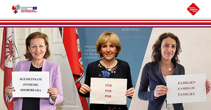 Die Familienlandesrätinnen der Europaregion Tirol-Südtirol-Trentino setzen zum internationalen Tag der Familie am 15. Mai ein gemeinsames Zeichen: Landesrätin Patrizia Zoller-Frischauf (Tirol), Landesrätin Waltraud Deeg (Südtirol), Landesrätin Stefania Segnana (Trentino). 