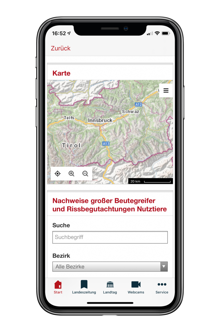 Anwendungsbeispiel: Suche nach "Luchs" im "Bezirk Landeck". 