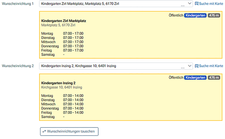 Veranschaulichungsbeispiel: Im Register „Einrichtung“ können bis zu zwei Wunscheinrichtungen angegeben werden.