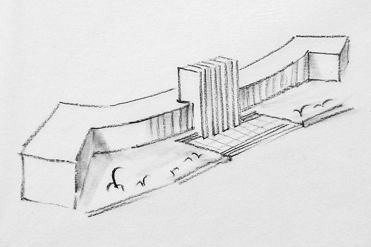 Abstraktion eines Adlers: Eine Architekturskizze von Ewald Guth zeigt die Idee des „auffliegenden Adlers“