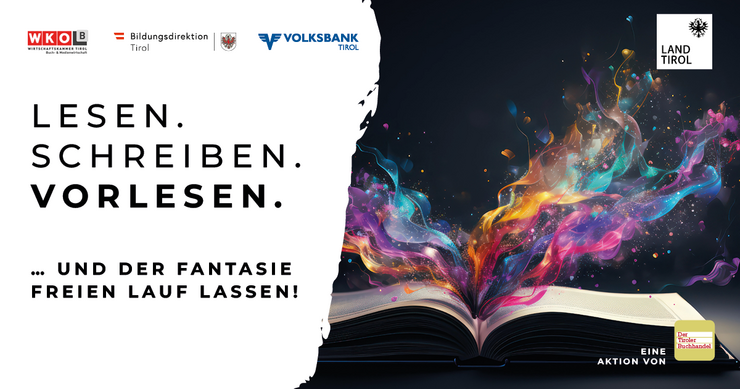 Grafik eines geöffneten Buches, aus dem Farbwolken hervorquellen