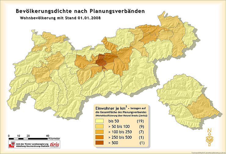 Karte Bevölkerungsdichte Tirol