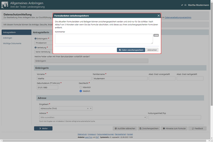 Dialog zum Zwischenspeichern eines Formulars mit Eingabemöglichkeit eines Kommentars.