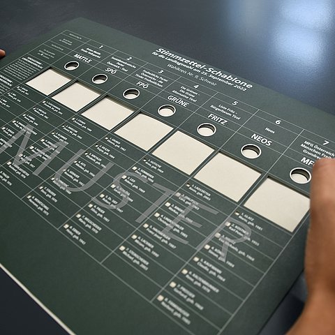 Grüne Stimmzettel Schablone mit Händen links und rechts davon