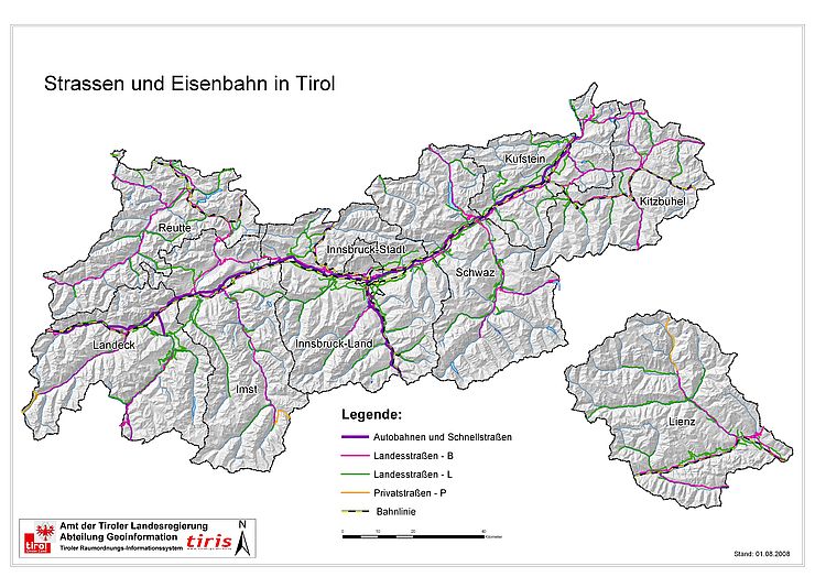 Karte Bahnnetz und Strassennetz Tirol Übersicht
