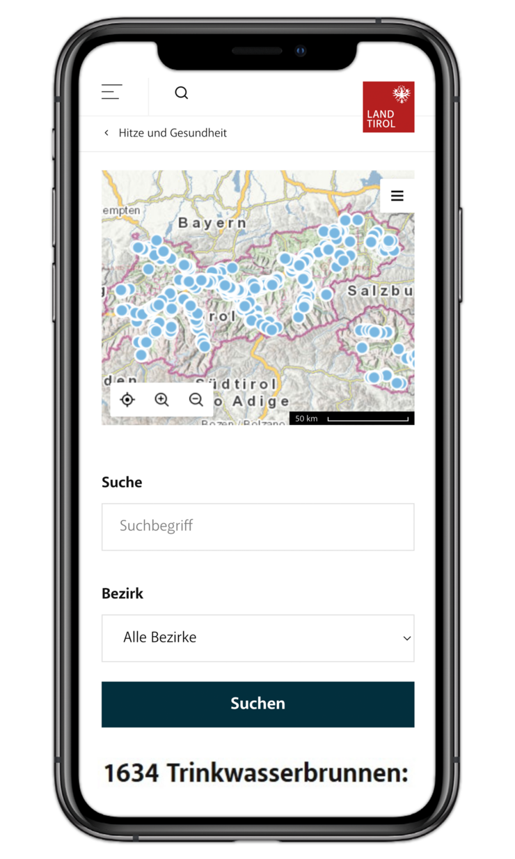 Smartphone mit Trinkwassermapping Website 