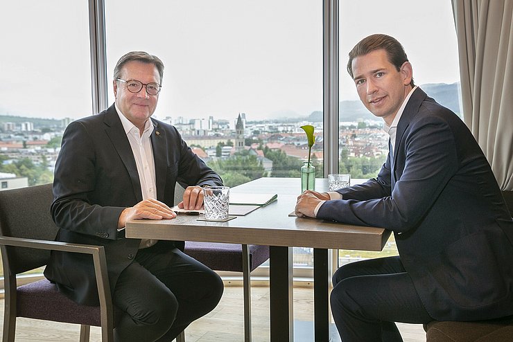 LH Günther Platter sitzt am Tisch mit Bundeskanzler Sebastian Kurz.