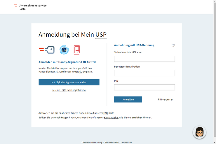 Anmeldefenster des Unternehmensservice Portal mit USP Kennung oder Handy-Signatur.