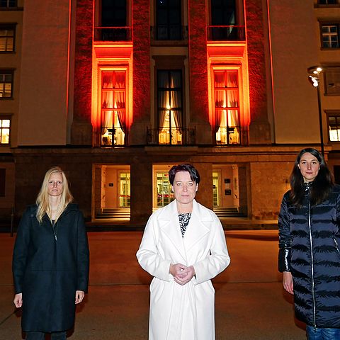 Landtagspräsidentin Sonja Ledl-Rossmann (Mitte) und die beiden Vizepräsidentinnen Sophia Kircher (re.) sowie Stephanie Jicha appellieren, bei Gewalt an Frauen und Mädchen hin- und nicht wegzusehen.