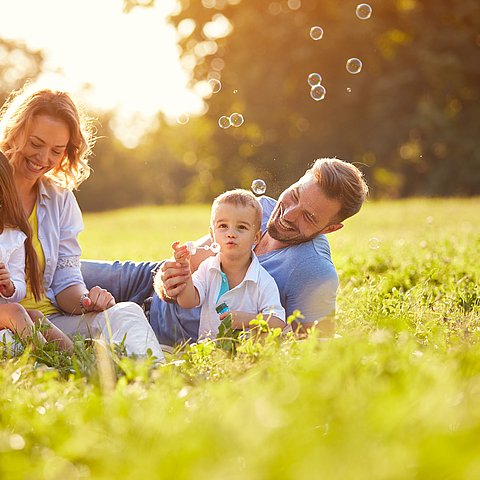 Familie sitzt auf einer Wiese