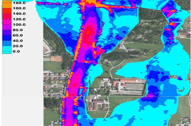 Computerberechnung der Überflutungsfläche nach Fertigstellung des Hochwasserschutzes. Die bebauten Flächen sind im Katastrophenfall eine "trockene Insel".