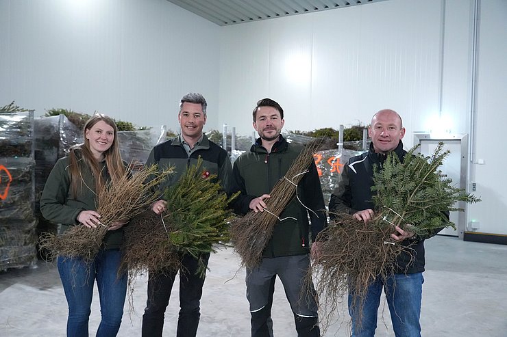 Vier Personen mit Forstpflanzen in der Hand im Kühlhaus