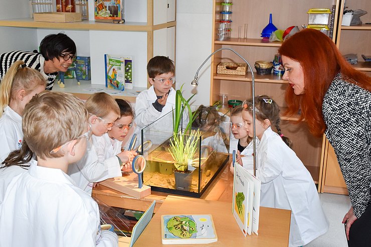 Kinder experimentieren mit einer Pflanze