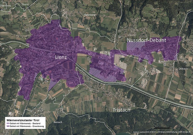 Satellitenaufnahme Lienz mit farbigen Markierungen; Screenshot tiris map